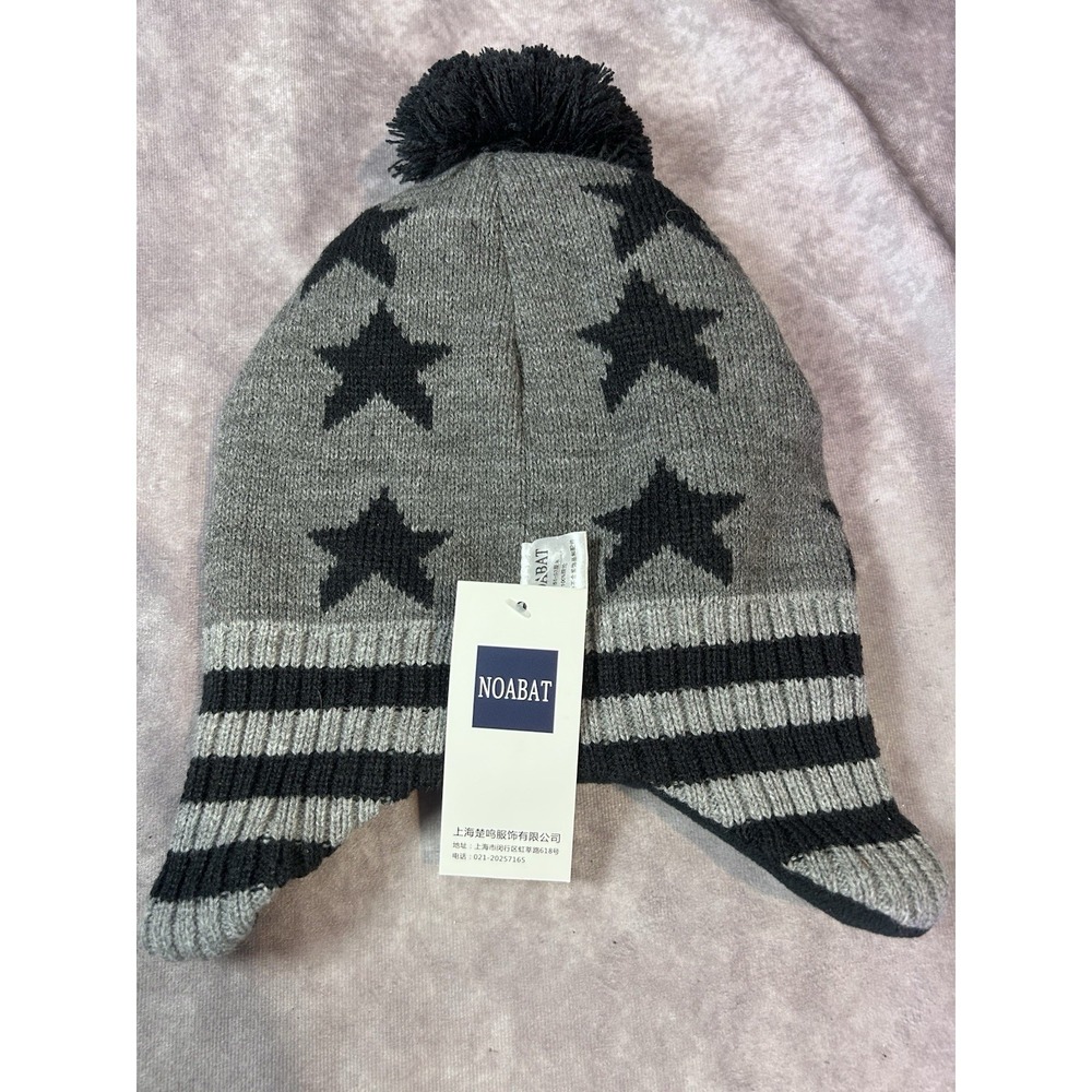 NOABAT Kids Winter Hat 51-53cm Gray Black Stars Ear Flap Pom Pom NWT